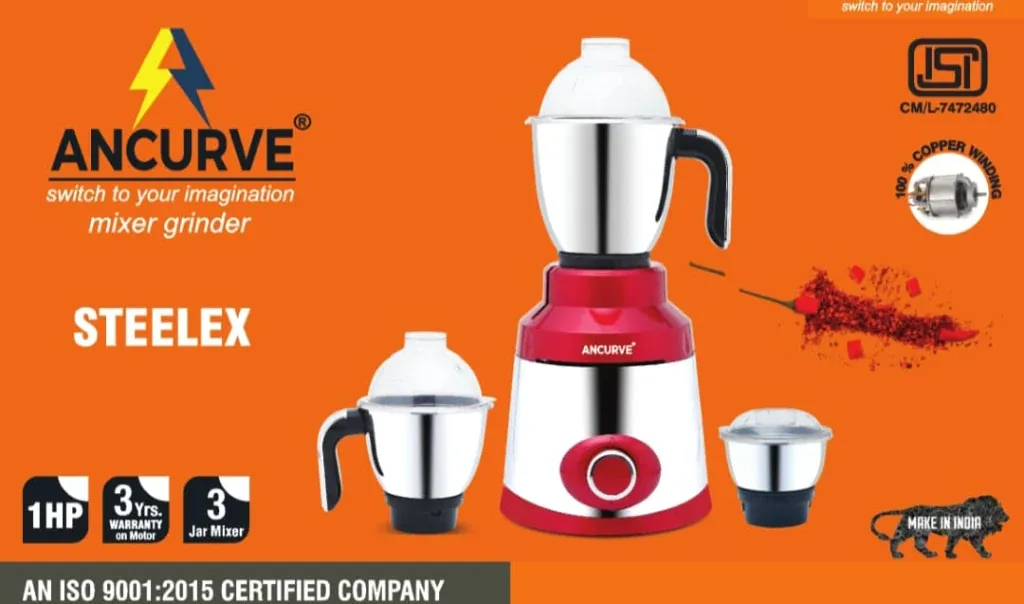 ANCURVE Steelex 1HP 3-Jar Stainless Steel Mixer Grinder