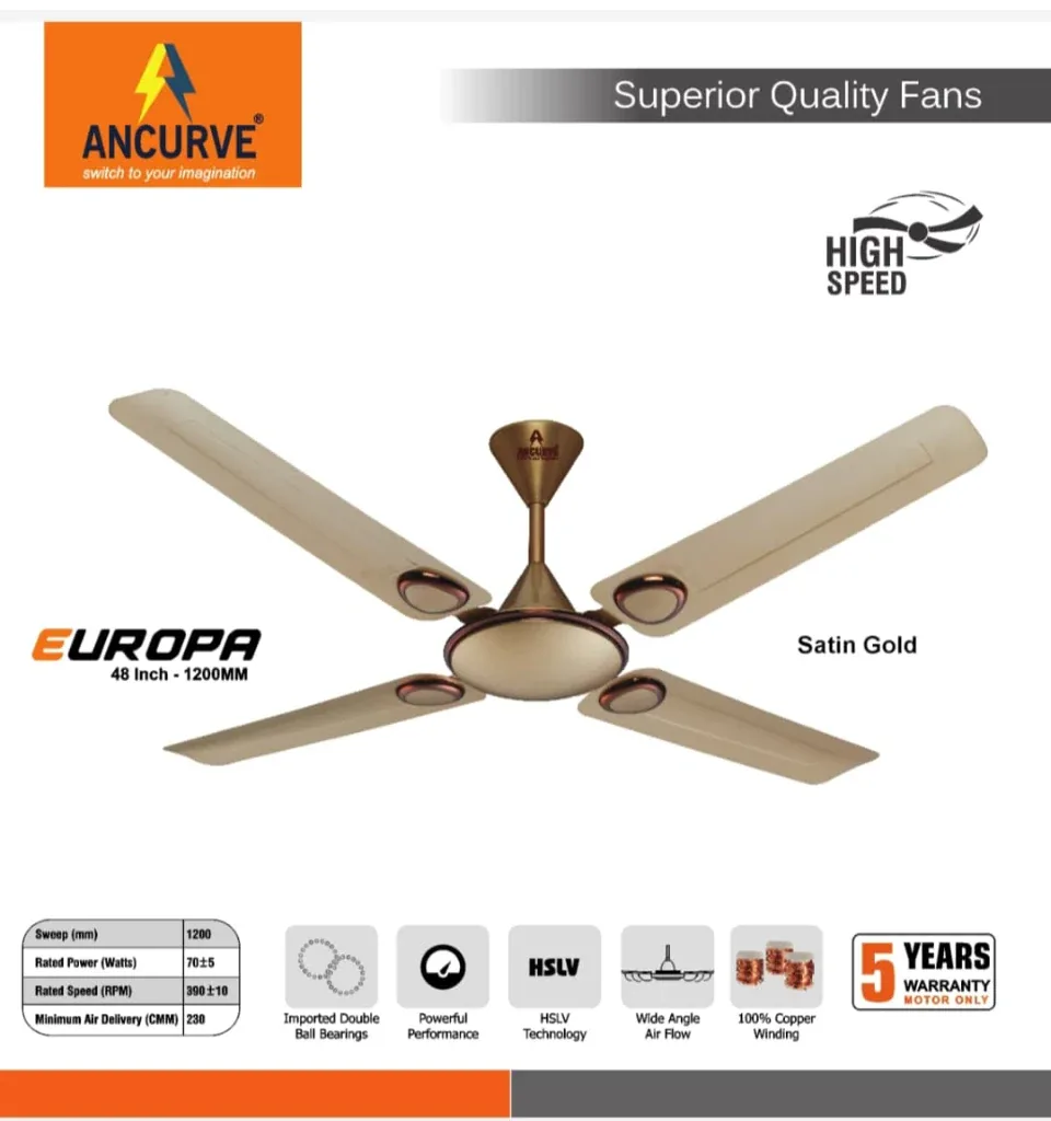 ANCURVE Europa 48 Inch High Speed Satin Gold Ceiling Fan
