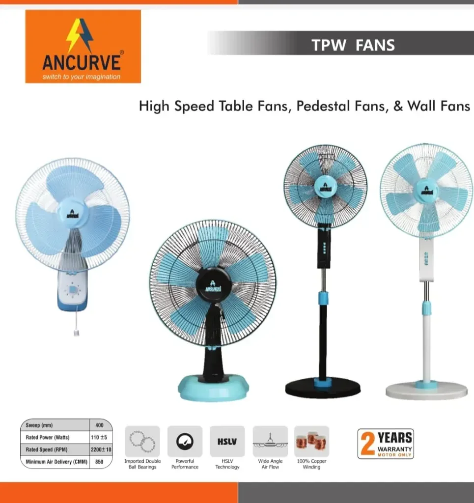 ANCURVE High Speed TPW Table, Pedestal, and Wall Fans